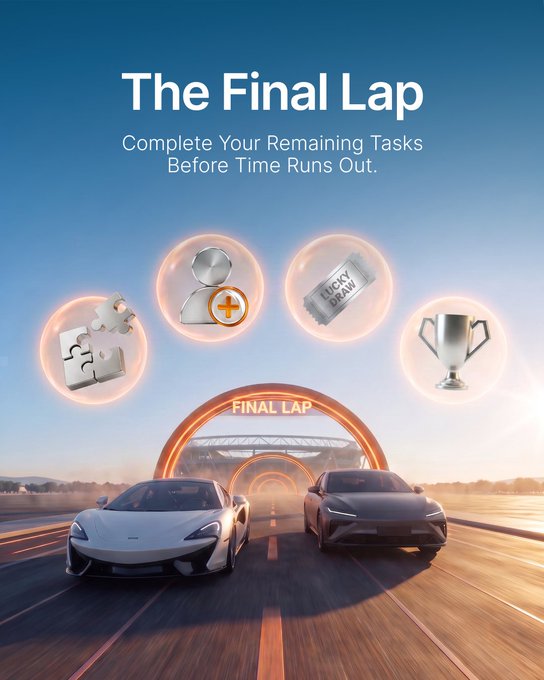 A promotional graphic titled "The Final Lap" with the subtitle "Complete Your Remaining Tasks Before Time Runs Out" features two racing cars speeding toward a glowing "FINAL LAP" arch, surrounded by floating icons including a puzzle piece, a user profile with a plus sign, a "LUCKY DRAW" ticket, and a trophy, visually urging users to finish their remaining campaign tasks before time expires.