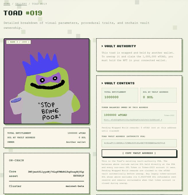 A detail page for TOAD #019, a wrapped NFT with rank 3/1000, showing it is wrapped in another wallet with a total entitlement of 1,000,000 wTOAD and an on-chain vault address. The image supports the post by displaying the ownership and vault authority information of a wrapped toad NFT, confirming the user's recent purchase claim.