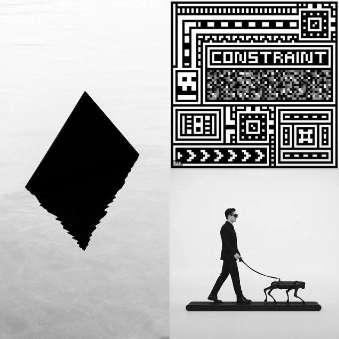 A composite image featuring a black geometric shape on water, a pixel-art design with the word "CONSTRAINT" displayed in a grid-like frame, and a minimalist figure in a suit walking a robotic dog on a leash—all rendered in stark black and white to evoke themes of digital art, limitations, and forward motion. The accompanying post ties the visuals to a network of collaborators building art together, emphasizing resilience and creative constraint.