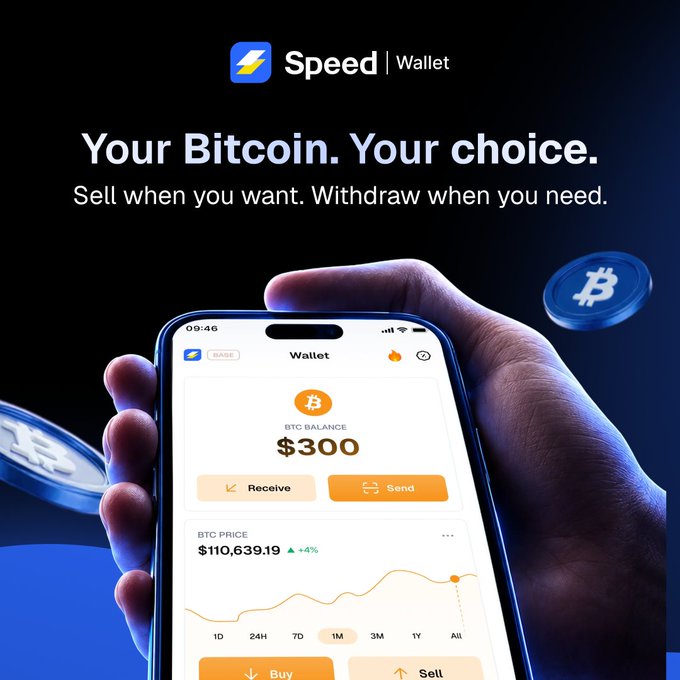 An advertisement for Speed Wallet reads "Your Bitcoin. Your choice. Sell when you want. Withdraw when you need." and shows a hand holding a phone displaying a BTC balance of $300 and a price of $110,639.19.