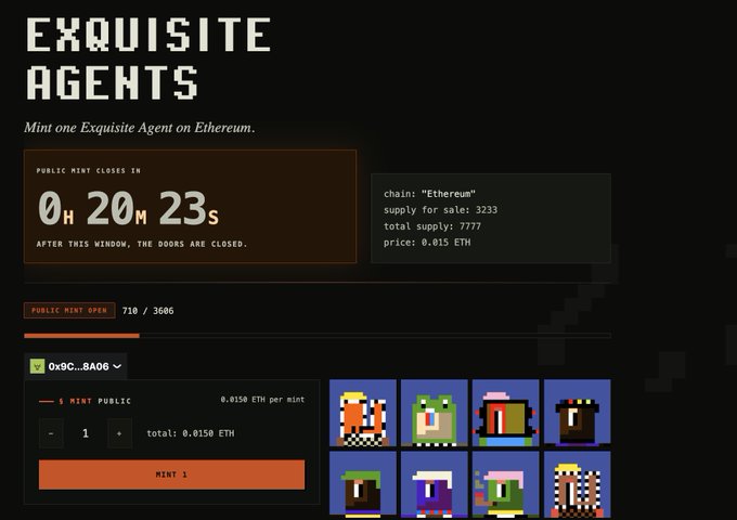 The image displays the Exquisite Agents public mint page on Ethereum, showing a countdown timer of 0H 20M 23S until the public mint closes, with 710/3606 minted and a price of 0.015 ETH each. A grid of pixelated robot character previews is displayed, relating to the post's mention of the 20-minute mint window at exquisites.es/mint.