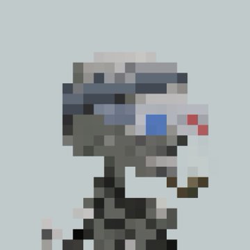 A heavily pixelated character sprite resembling a gray alien with large dark eyes and a small body, set against a light blue background.