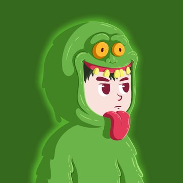 A cartoon character wearing a green ghost costume with a red tongue, with anime-style eyes visible underneath.