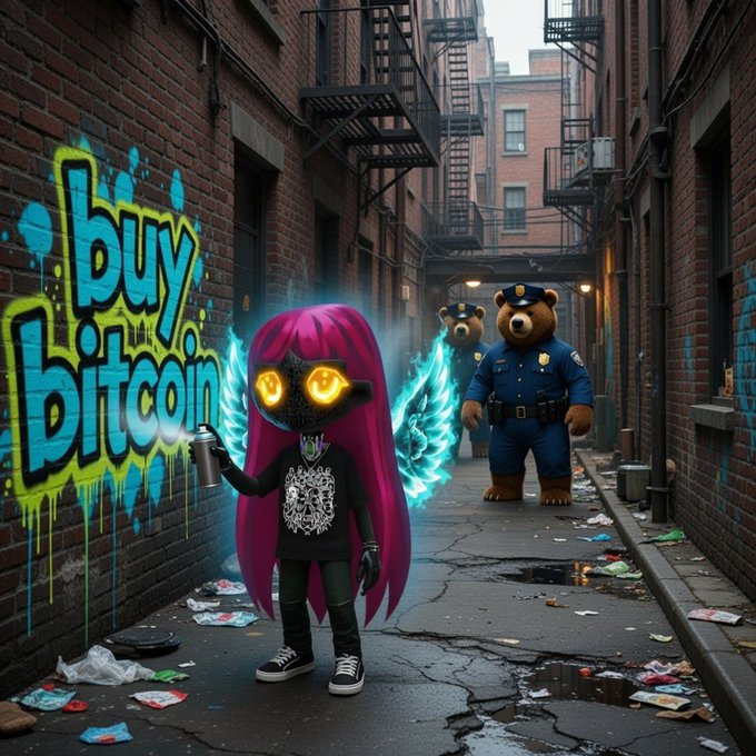 A stylized figure with glowing eyes and pink hair holds a spray can next to graffiti reading "buy bitcoin" on a brick alley wall, while two police bears in uniforms stand nearby—visually echoing the post's question about whether "Saylor's sale" will have a lasting negative effect on $BTC, with the bear police symbolizing bearish pressure despite the bullish street art.