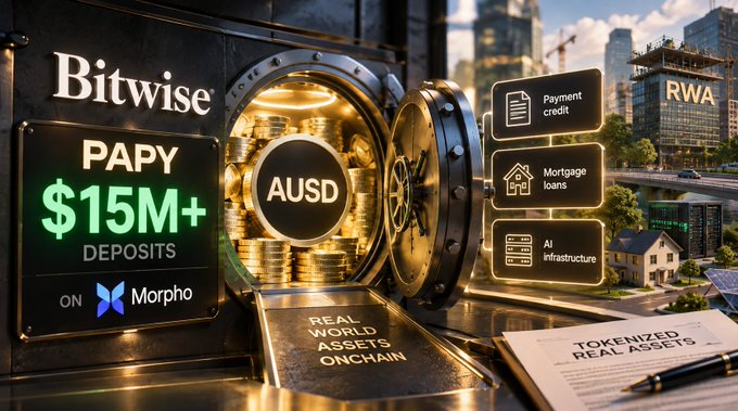 A promotional graphic for Bitwise featuring a vault with gold coins labeled 'AUS' and 'AUS D', displaying '$15M+ DEPOSITS' on 'Morpho', alongside icons for payment credit, mortgage loans, and AI infrastructure, with 'REAL WORLD ASSETS ONCHAIN' visible.