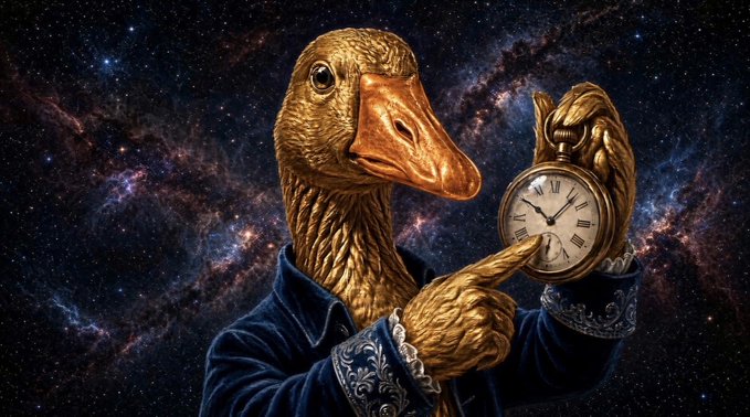 An anthropomorphic golden goose in an ornate blue velvet coat points knowingly at a vintage pocket watch against a cosmic, star-filled backdrop. The whimsical image, paired with the playful "Ghonk! Our time is coming. $GG" caption, humorously suggests an impending rally or breakthrough moment for the $GG token—reinforced by the goose symbolically indicating that its time has arrived.