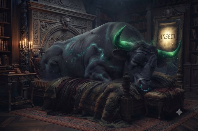 A dark fantasy digital artwork of a sleeping bull with glowing green horns resting on a bed in a dimly lit library setting, with a sign reading 'ANSED'.