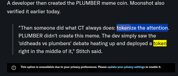 A news article screenshot discusses the PLUMBER meme coin created by a developer and verified by Moonshot, with a quote from Stitch explaining how someone 'tokenize[d] the attention' during the 'oldheads vs plumbers' debate.