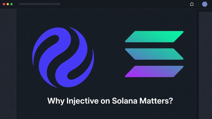 The image displays the logos of Injective and Solana side by side on a dark background, with the caption "Why Injective on Solana Matters?" below, visually promoting the integration of $INJ onto the Solana blockchain via Sunrise.