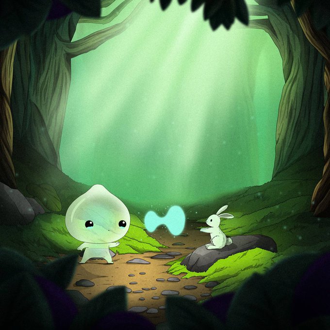 An illustrated scene shows a small, teardrop-shaped creature with a sad expression standing on a dirt path in a forest, facing a small white rabbit on a rock, with a glowing blue shape between them.