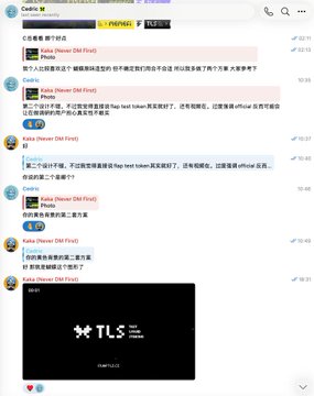 A Telegram-style chat shows “Signal Partner (DM Finra)” messages in Chinese, with a pinned message bar and a black media preview labeled “TLS.”