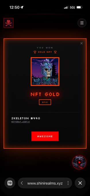 A mobile screen shows a 'YOU WON GOLD NFT' notification featuring a pixel-art skeleton NFT (Skeleton #440, ShYToyEp1...GQBExd) from shinirealms.xyz, with a red 'AWESOME' confirmation button.