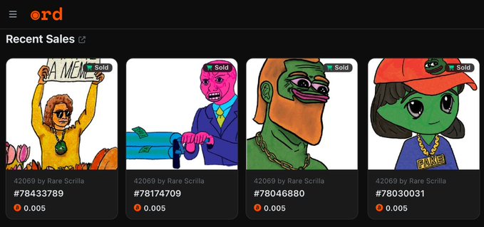 A screenshot of the ORD platform's 'Recent Sales' section showing four NFT images by 'Rare Scrilla' collection 42069, all marked 'Sold' for 0.005 ETH.