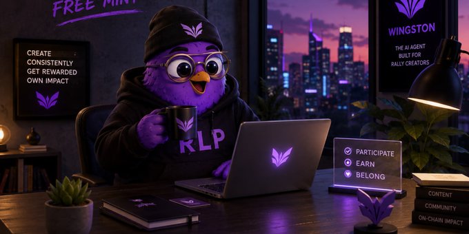 A purple penguin mascot wearing a beanie and 'RLP' hoodie sits at a laptop in a neon-lit room with 'Wingston - The AI Agent Built for Rally Creators' branding.