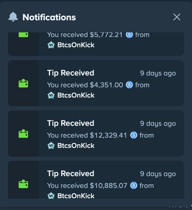 A notifications panel shows four recent tip received entries from a user named 'BtcsOnKick' for amounts including $5,772.21, $4,351.00, $12,329.41, and $10,885.07.