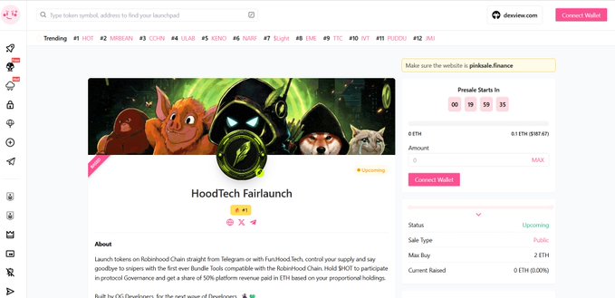 Screenshot of PinkSale Finance website showing a 'HoodTech Fairlaunch' presale page for Hood BOT token, featuring anime-style character artwork and a countdown timer with 'Upcoming' status.
