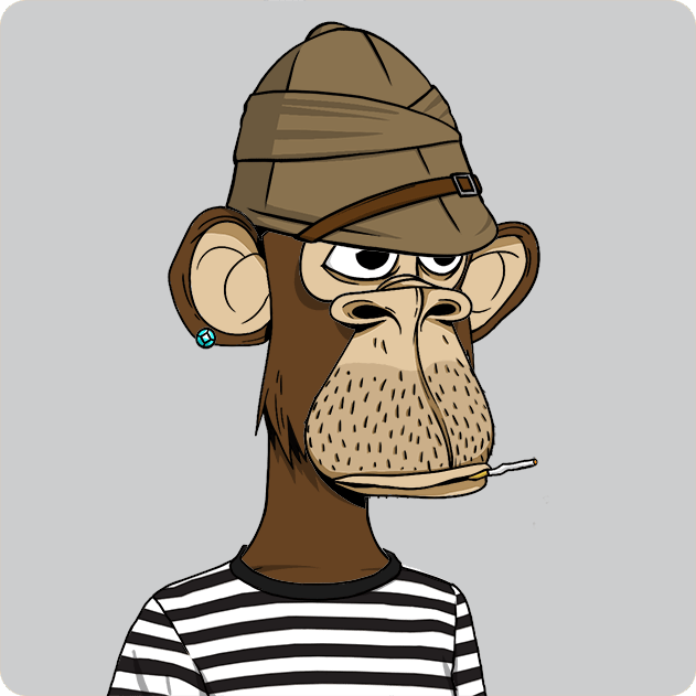 A cartoon illustration of a monkey with a grumpy expression, wearing a brown cap, a striped black-and-white shirt, and an earring, with a cigarette dangling from its mouth.