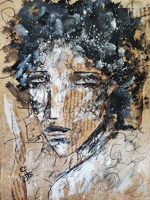 A mixed media portrait of Jimi Hendrix, created with ink, paint splatters, and text from printed pages layered into the artwork.