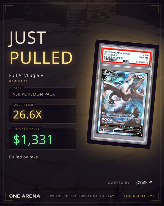 A promotional graphic reading 'JUST PULLED' for a 'Full Art/Lugia V' Pokémon card, showing a 26.6X multiplier, an insured value of '$1,331', pulled by 'mku' from a '$50 POKEMON PACK', with 'ONE ARENA' and 'COLLECTOR GRAVE' branding.