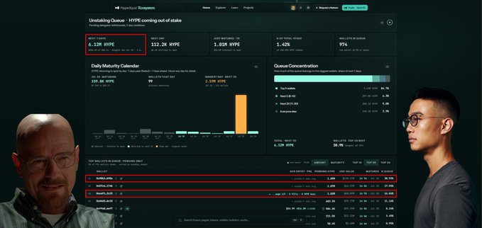 A video screenshot showing a DeFi dashboard called 'HypeFi Ecosystem' displaying HYPE token metrics including a supply of 6.12M HYPE, with two men visible on either side.