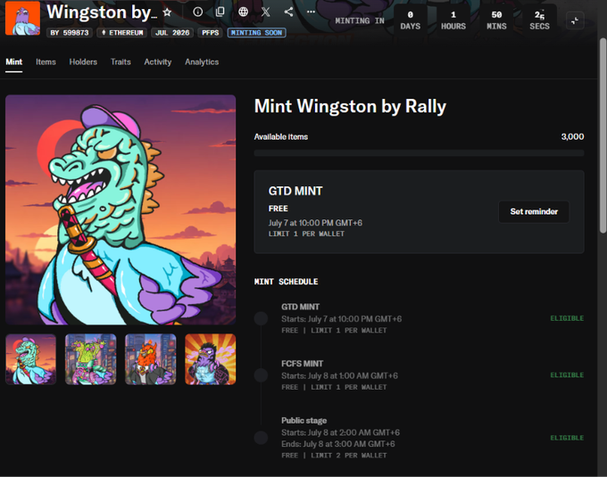 NFT minting page for 'Wingston by Rally' on Ethereum, showing a countdown to a July 2026 mint with a GTD free mint starting July 7, an FCFS mint July 8, and a public stage.