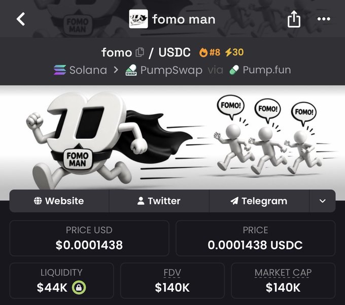 The image shows the Pump.fun trading page for the "fomo man" token (fomo/USDC) on Solana via PumpSwap, displaying a price of $0.0001438, $44K liquidity, and a $140K market cap/FDV. It visually accompanies the post as proof of the creator's conviction-based investment in the meme coin, with the cartoon "FOMO Man" chasing fleeing figures shouting "FOMO!" echoing the poster's stated belief in the project's lore and community rather than hype.