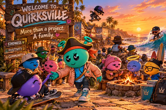 A colorful digital illustration features the heading 'WELCOME TO QUIRKSVILLE' with the tagline 'More than a project. A family' above cartoon characters in a beachside town setting at sunset.