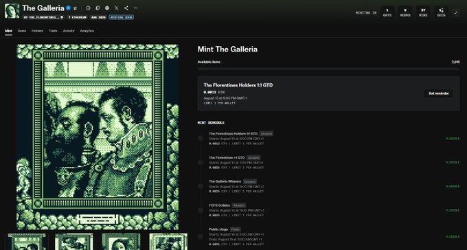 OpenSea listing page for 'The Galleria' NFT collection by Gene Kogan, showing a green Renaissance-style artwork called 'The Florentine Holders 51 GTD' priced at 0.4953 ETH.