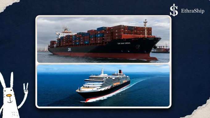 The image shows two ships from EthraShip—a large container ship labeled "ZIM SAN DIEGO" (ZIM) and a Cunard cruise ship—set against a torn-paper blue background with a cartoon rabbit illustration, visually representing the diverse maritime assets (cargo and cruise) that the platform aims to tokenize within its digital ecosystem.