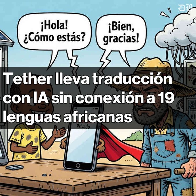 A cartoon illustration showing two characters conversing with Spanish speech bubbles ("¡Hola! ¿Cómo estás?" and "¡Bien, gracias!"), with text overlay reading 'Tether lleva traducción con IA sin conexión a 19 lenguas africanas'.