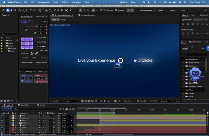 A user is editing a motion graphics project in Adobe After Effects 2026, with the composition displaying the text "Live your Experience in 3 Clicks." The timeline shows multiple keyframe layers being animated at the 6-second mark.