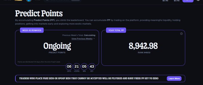 Dark webpage section titled "Predict Points" showing an ongoing weekly rewards countdown and "YOUR TOTAL PP 8,942.98," with a notice about filtered fake or spoof bids.