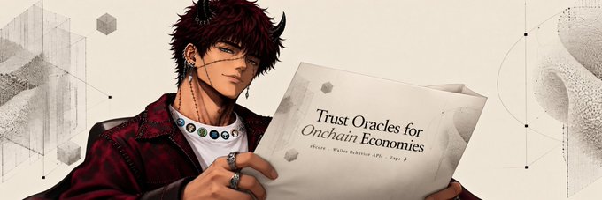An illustrated character with horns and a red jacket reading a document titled 'Trust Oracles for Onchain Economies'.