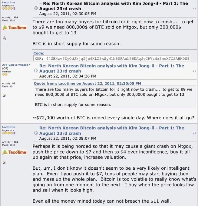 A forum thread from August 2011 titled 'Re: North Korean Bitcoin analysis with Kim Jong-il - Part 1: The August 23rd crash,' where user tacotime argues there are too many buyers for a crash and BTC is in short supply, with a quoted post and a mention of $72,000 worth of BTC mined daily.