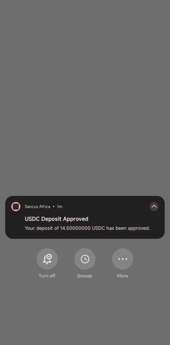 A mobile screenshot displays a Sancus Africa notification reading 'USDC Deposit Approved - Your deposit of 14.50000000 USDC has been approved' with options to turn off, snooze, or see more.