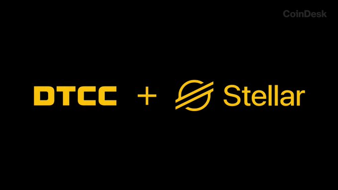 The image features a logo for DTCC + STELLAR, which is a partnership between DTCC and Stellar. The logo includes a yellow "DTCC" symbol above the word "STELLAR", and a yellow "STELLAR" symbol below it. This collaboration aims to bring tokenized DTC-custodied securities onto the Stellar network, including Russell 1000 stocks, ETFs, and U.S. Treasuries. The image also includes text that reads: "NEW: @The_DTCC partners with @StellarOrg to bring tokenized DTC-custodied securities onto the Stellar network."