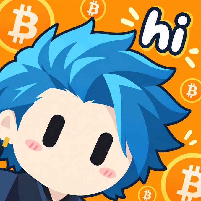 An illustrated chibi-style character with blue hair and a 'hi' speech bubble, set against an orange background with Bitcoin logos.