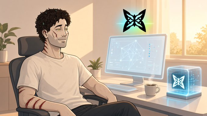 An illustrated young man with curly dark hair and arm scratches sits at a desk with a computer monitor displaying a network graph, alongside a steaming coffee mug and a glowing cube featuring a butterfly logo.