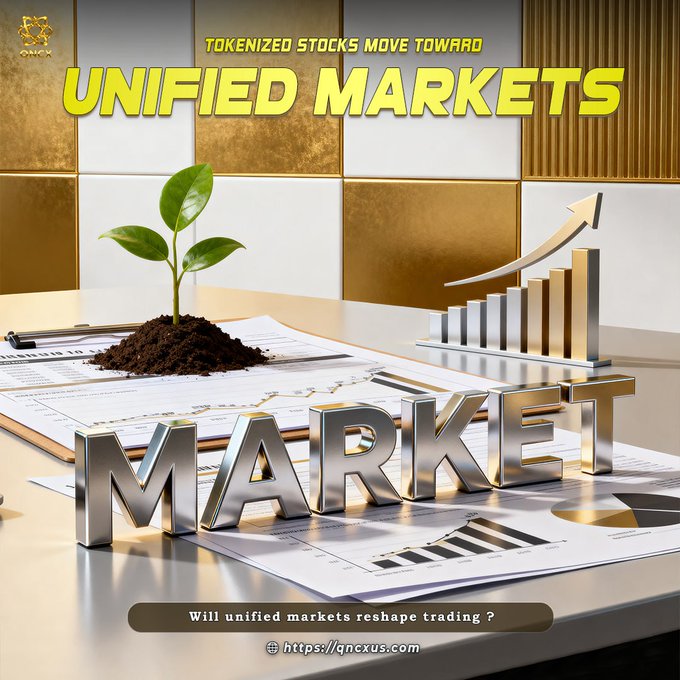 A gold-and-white graphic featuring a sprouting plant atop a document and a rising bar chart with an upward arrow, with the metallic word "MARKET" in the foreground and the headline "TOKENIZED STOCKS MOVE TOWARD UNIFIED MARKETS" above, illustrating the post's theme of tokenized stocks merging into shared, evolving trading markets.