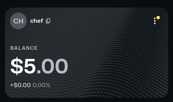 A mobile wallet or finance app screen showing an account under the name "chef" with a balance of "$5.00" and a change of "+$0.00 (0.00%)."