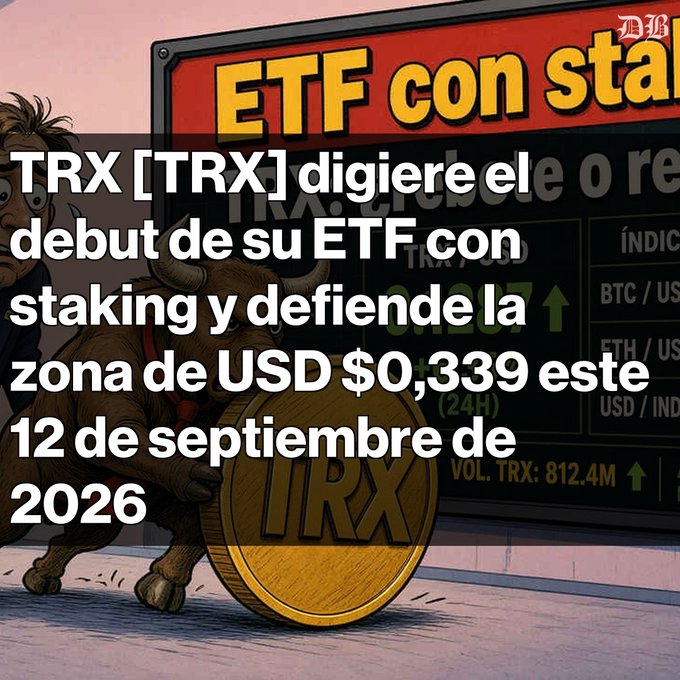 A Spanish-language news graphic about TRX (TRON) with a bull pushing a gold TRX coin, headlined 'TRX [TRX] digiere el debut de su ETF con staking y defiende la zona de USD $0,339 este 12 de septiembre de 2026'.