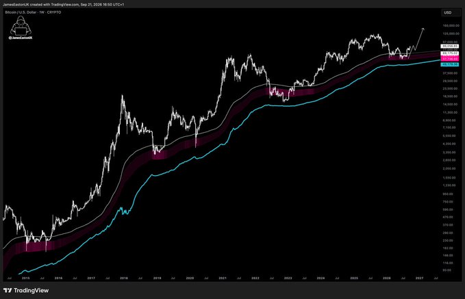 A long-term logarithmic trading chart on TradingView showing the Bitcoin to U.S. Dollar (BTC/USD) price history with an overlaid indicator featuring white and blue lines.