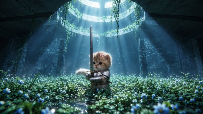 A digital artwork depicting a small fluffy kitten wearing armor and holding a sword in a mystical, sunlit ruin overgrown with vines and blue flowers.