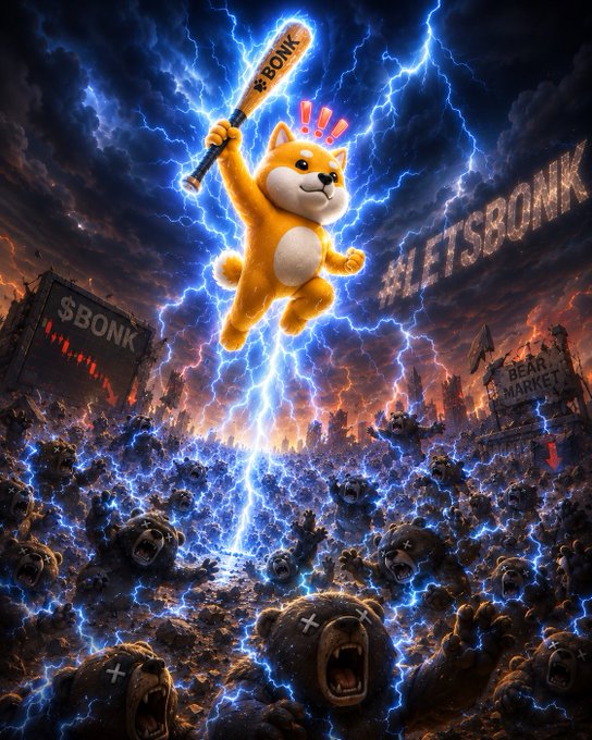 A dramatic illustrated scene features a Shiba Inu-like dog wielding a baseball bat labeled '$BONK' amid lightning, with '$BONK' and '#LETSBONK' text and a 'BEAR MARKET' sign visible.