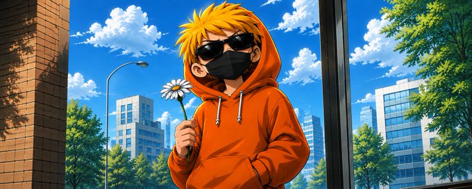 An anime-style illustration of a young character with spiky blonde hair, black sunglasses, and a black mask, wearing an orange hoodie and holding a white daisy in a city setting.