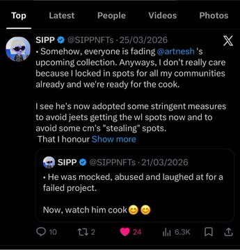 A screenshot of a Twitter thread by @SIPPNFTS praising @artnesh for overcoming past mockery after a failed project to "cook" a new upcoming NFT collection.