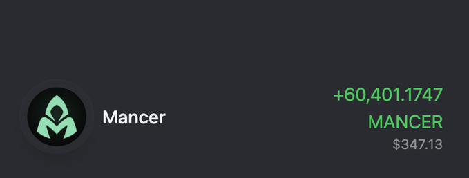 The image shows a wallet or portfolio display for "Mancer" with a holding of +60,401.1747 MANCER tokens valued at $347.13, directly corresponding to the post about soft staking to earn $MANCER on anvil.clutch.market.