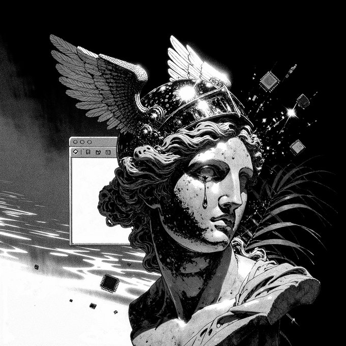 A black-and-white illustration depicts a classical bust of Hermes wearing his iconic winged helmet, crying a tear, with digital elements like a browser window and circuit boards shattering around him—visually representing the "HERMES coded" message, where the mythical god (whose name serves as the ticker) is intertwined with technology, suggesting a fusion of ancient symbolism with coded, digital artistry.