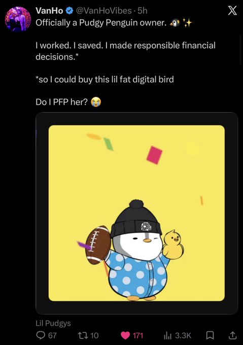 A screenshot of an X/Twitter post from @VanHoVibes announcing they are 'Officially a Pudgy Penguin owner' with the text 'I worked. I saved. I made responsible financial decisions.* *so I could buy this lil fat digital bird. Do I PFP her?'. The attached image shows a cartoon penguin in a beanie and blue polka-dot pajamas holding a football and a rubber duck on a yellow background.