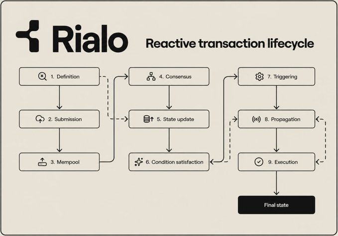 A diagram titled 'Rialo Reactive transaction lifecycle' shows nine numbered steps: Definition, Submission, Mempool, Consensus, State update, Condition satisfaction, Triggering, Propagation, and Execution.